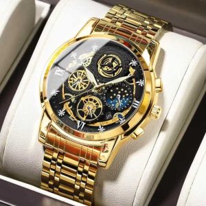 LUXURY BRAND STAINLESS STEEL Gold QUARTZ ANALOG FASHION BUSINESS SUN MOON STAR WRISTWATCHES