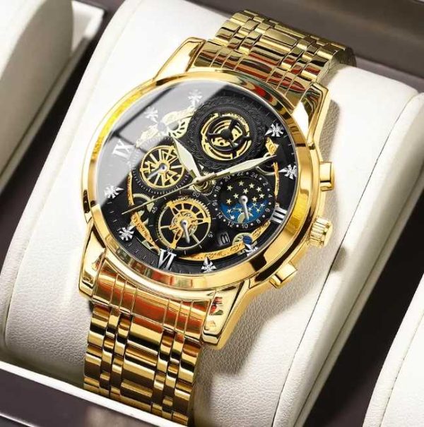 LUXURY BRAND STAINLESS STEEL Gold QUARTZ ANALOG FASHION BUSINESS SUN MOON STAR WRISTWATCHES